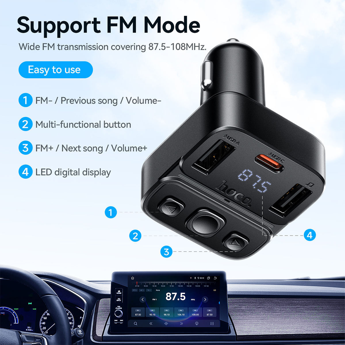 Trasmettitore FM Bluetooth per auto HOCO da 35 W con