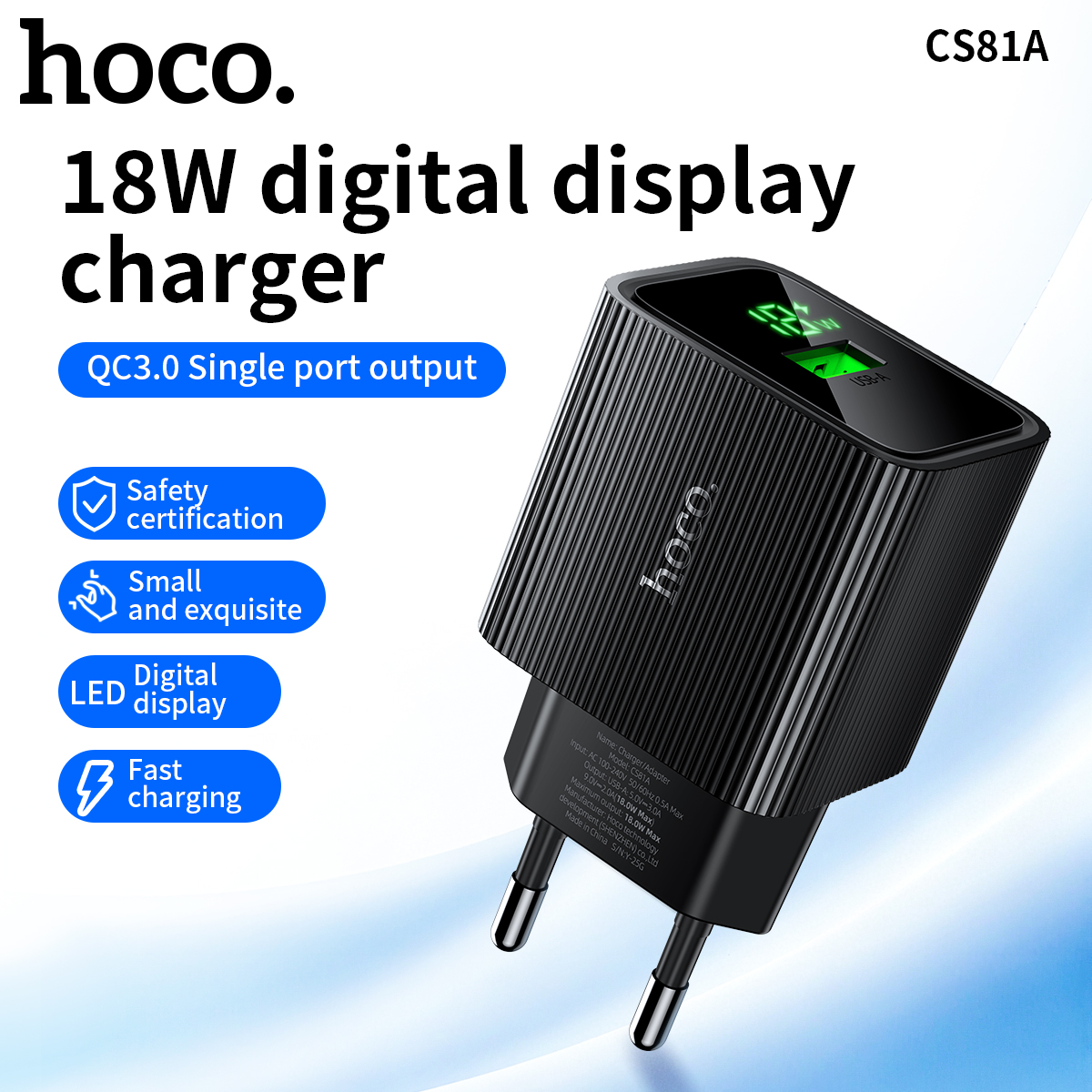HOCO EU Plug 18W USB A Display digitale a LED da