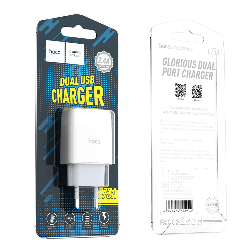 Caricabatterie Hoco Dual USB con spina EU/US/UK, 2.4A