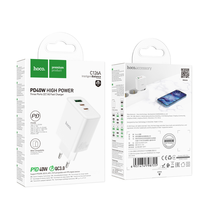 HOCO C126A PD40W Doppia porta USB C per ricarica rapida