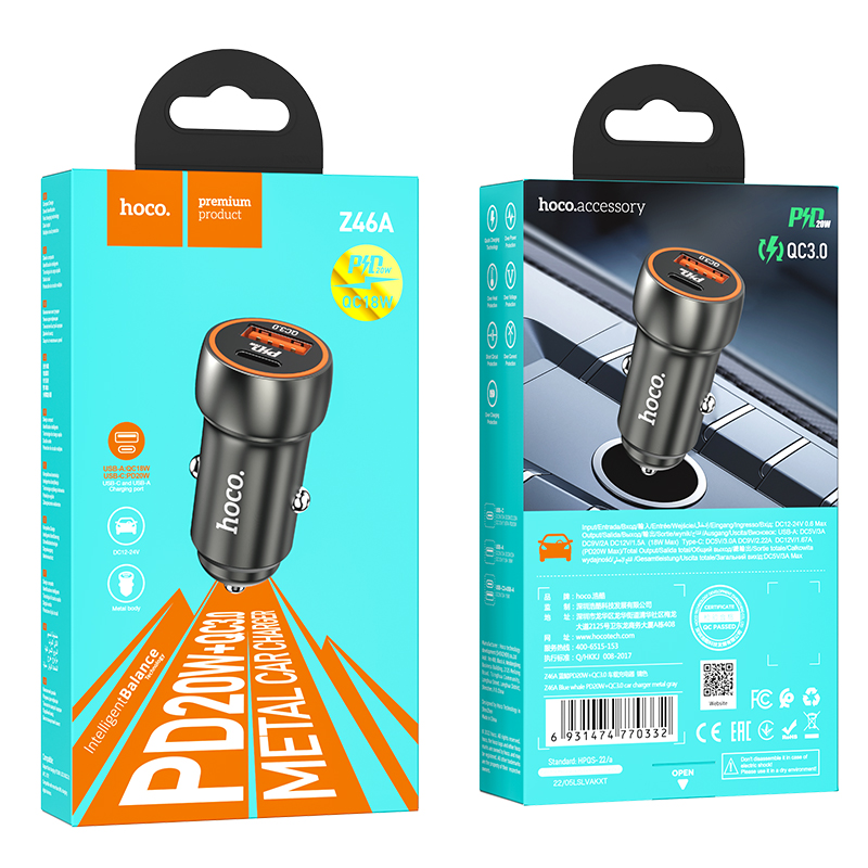 Caricabatterie da auto Hoco PD20W QC3.0 USB Type C a