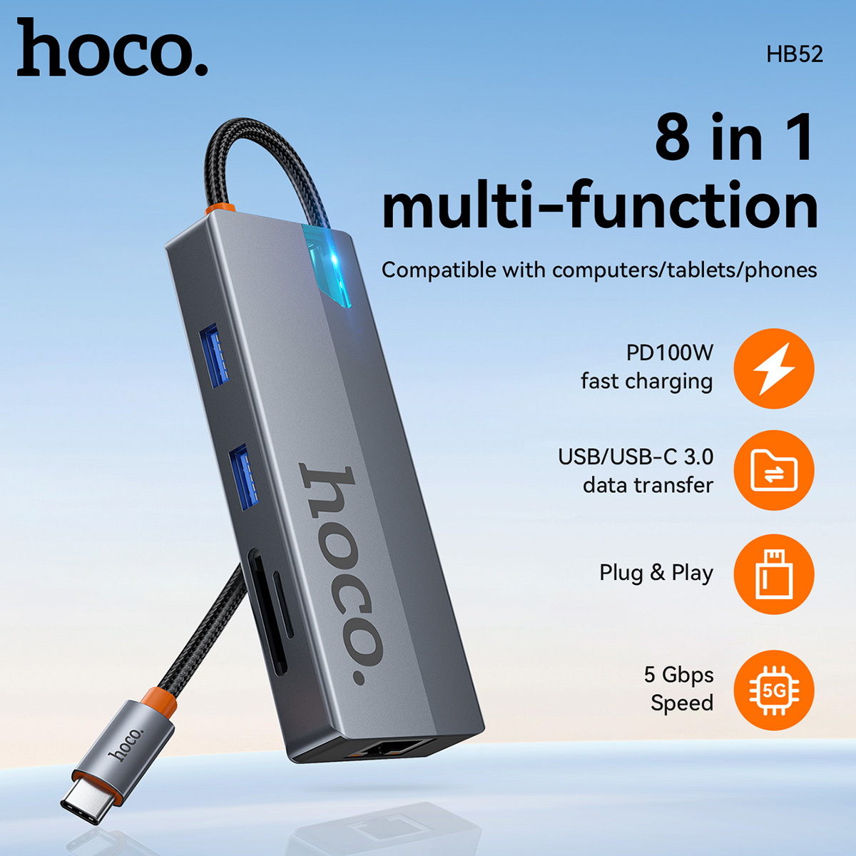 Hub HOCO 8 in 1 da USB C a RJ45 compatibile con