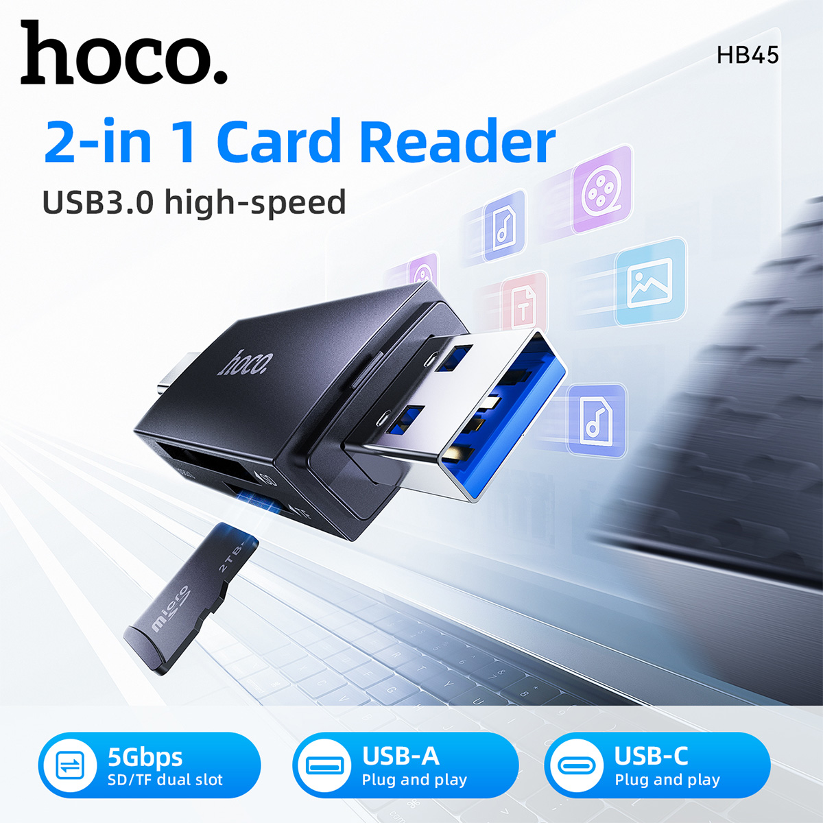 Lettore di schede HOCO 2 in 1 USB A/USB C 3.0 per SD