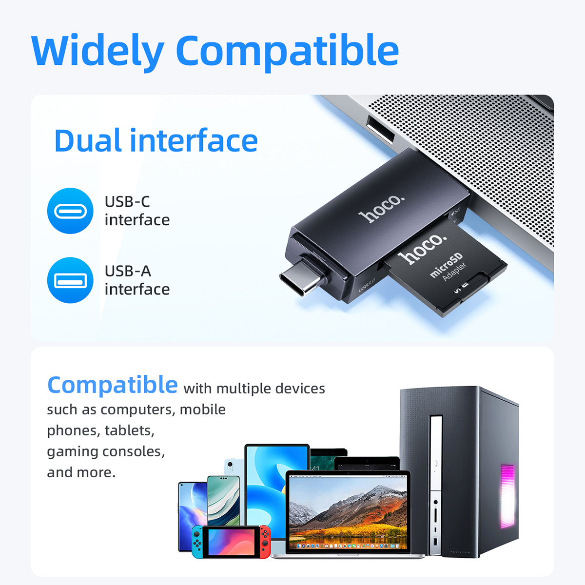 Lettore di schede HOCO 2 in 1 USB A/USB C 3.0 per SD